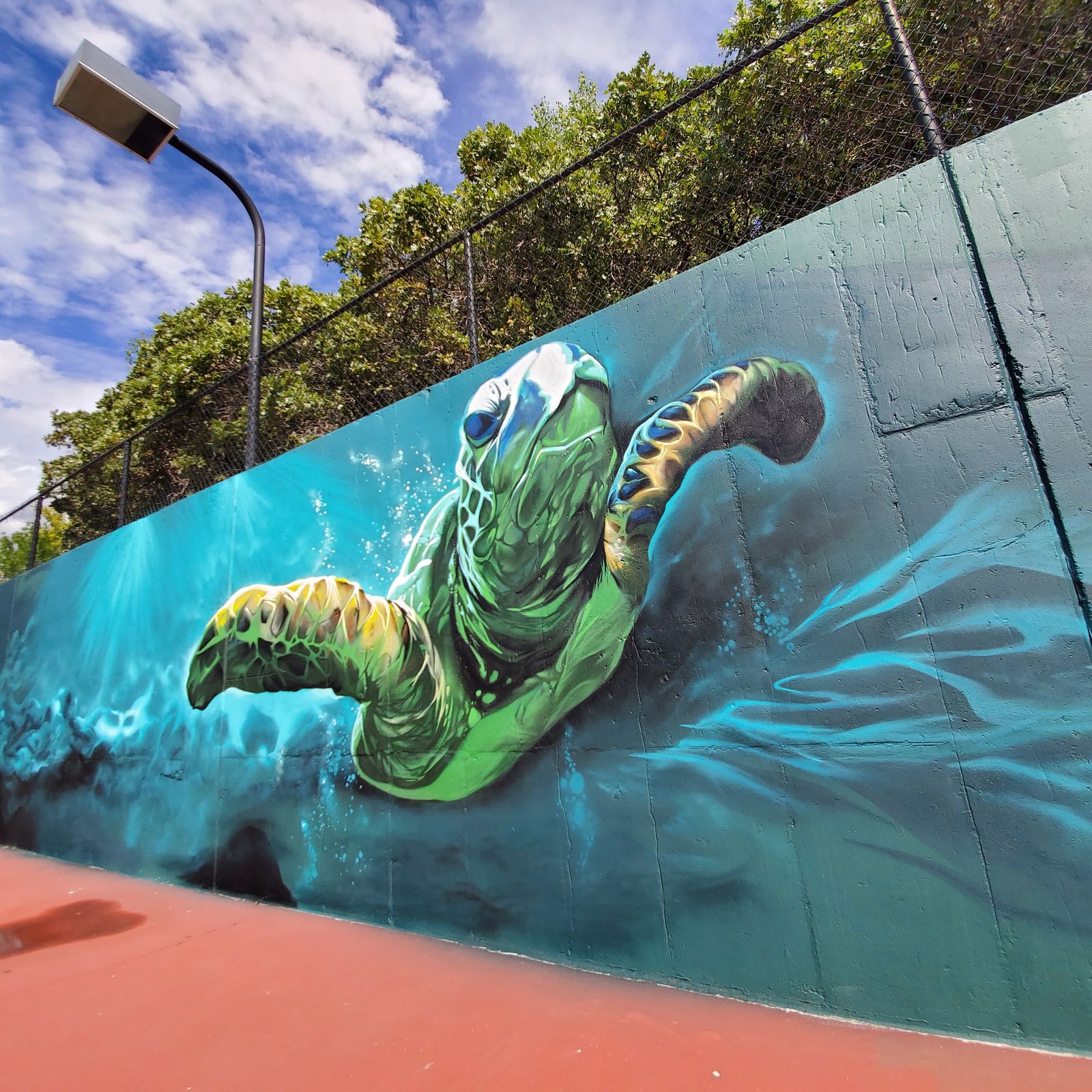 Green sea turtle swimming through turquoise water, painted along the back wall of an outdoor tennis court
