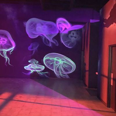 Jellyfish painted in fluorescent purple and green, lit by blacklight on a dark wall
