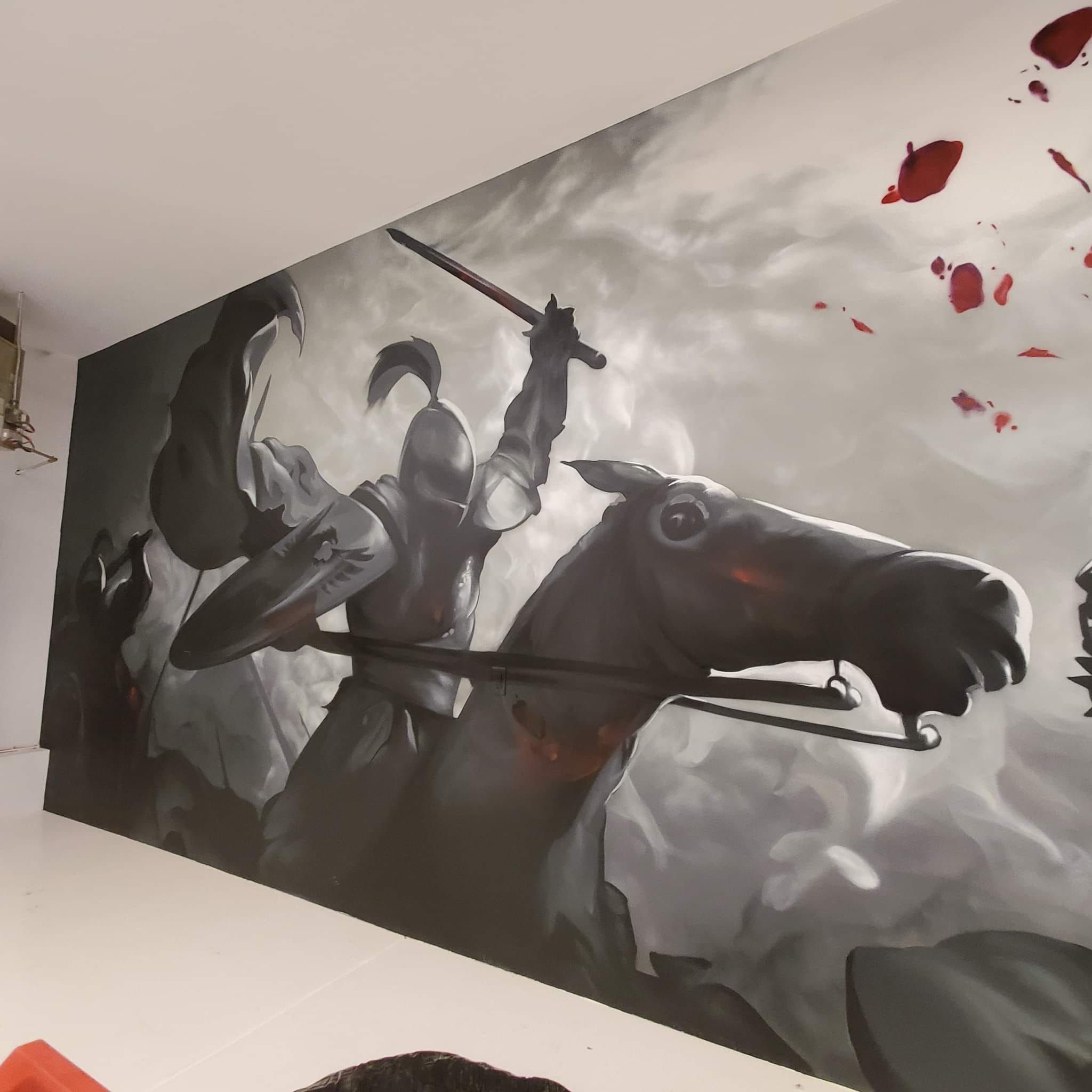 Aerosol realism mural featuring knights on horseback with hyper-realistic detail