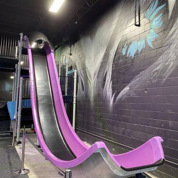 Grayscale bird with turquoise feathers painted along a dark wall beside a purple slide