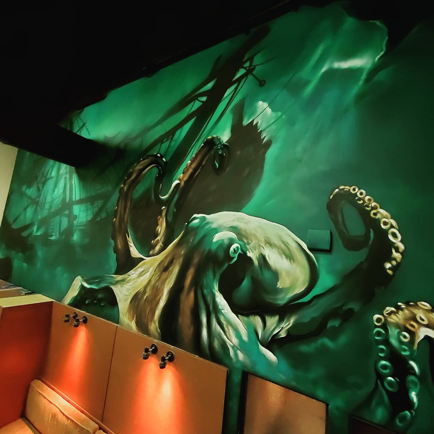 Monumental scale aerosol realism underwater scene luxury residential interior